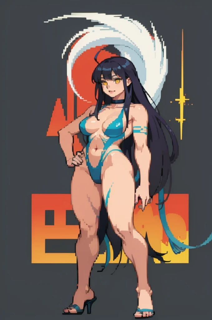 best quality solo girl simple background full body standing muscular girl black hair yellow eyes solo