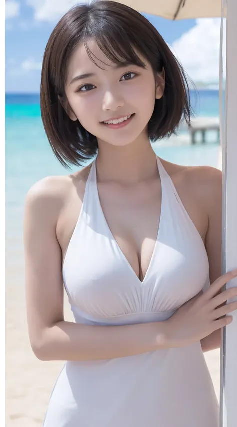 NFSW(((High resolution))、8K、(In detail))、(Highest quality)、Beautiful girls、A beautiful girl with white wings growing on her back、Cute beautiful girl with a smile、Very attractive beautiful girl、(The white bikini is a halter neck with a string.)、blue sky、Cob...