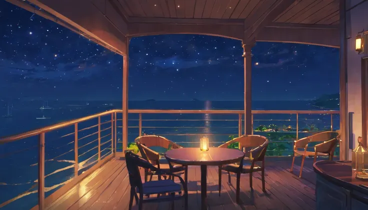 View from the wide arched balcony of a luxury hotel、Starry sky and night sea floating on a moonlit night　Dim atmosphere
俺は、Drink a glass of wine in one gulp。
