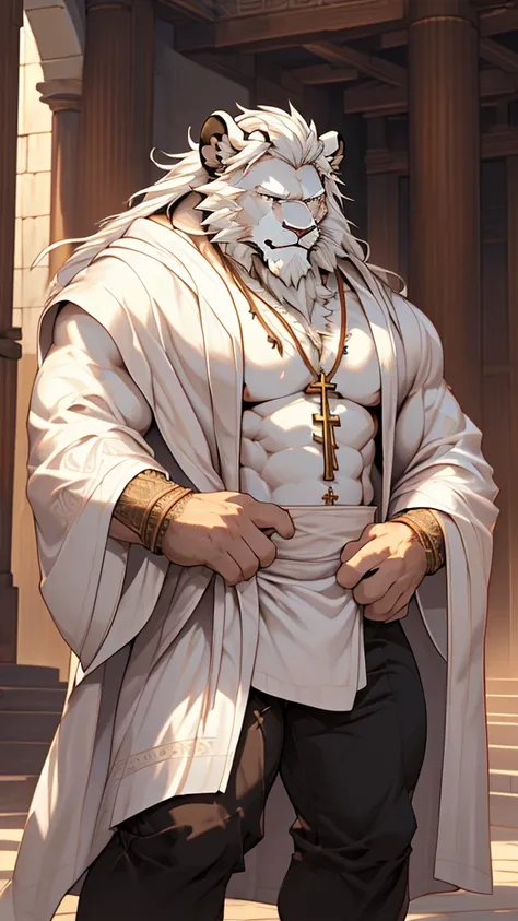 (masterpiece),(highres),(intricate details:1.4),extremely detailed,(illustration:1.2),8k,photorealistic,exquisite,,aged,elder male lion ,muscular,(bishop :1.7),(Ancient Greek mythological style;1.8),(loose white robe:1.6),manhood,safeguard,(white hair:1.3)...