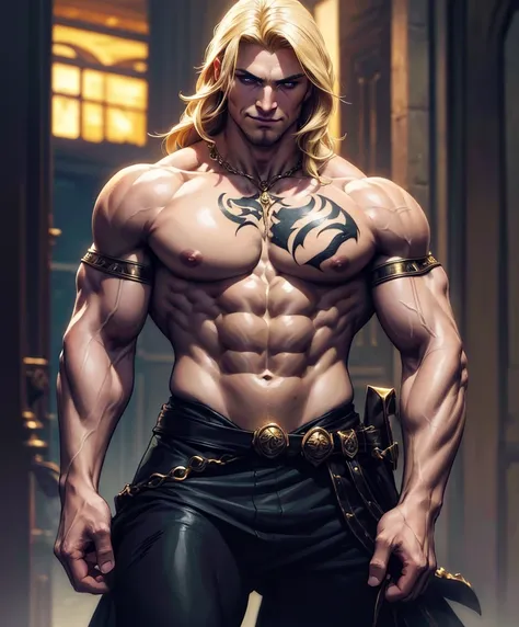 (((Luxurious shoulder length blond hair and sexy smirk.))) (((18 years old.))) (((18yo.))) (((Cute smirk.))) (((Single character image.))) (((1boy))) (((Looks like beefcake male fantasy character.))) Create an enchanting AI-generated image of a charismatic...