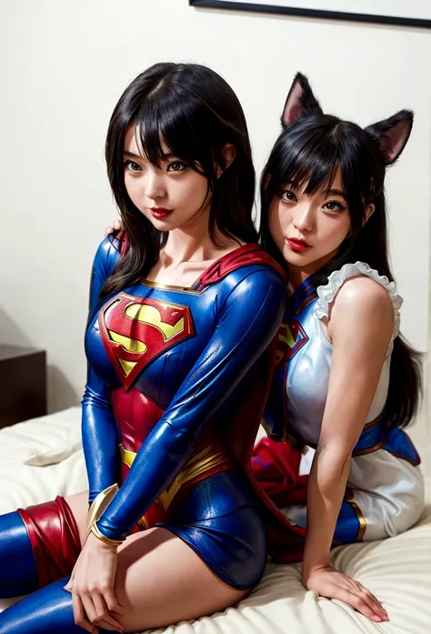 araffe woman in a superman costume sitting on a bed with a dog, full-cosplay, professional cosplay, supergirl, artgerm moody pho...