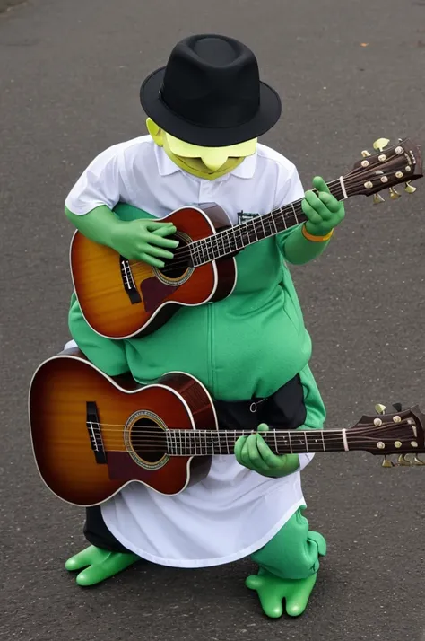 A frog praying guitar in standing position wearing a hat