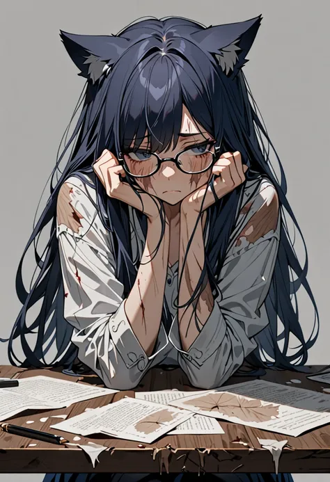 8K Ultra High-Quality, ultra-detailed, High quality, Dark Blue hair, Long hair, cat girl, glasses, face covered in injury scars, depressed face, table, staring at her arms, grey background