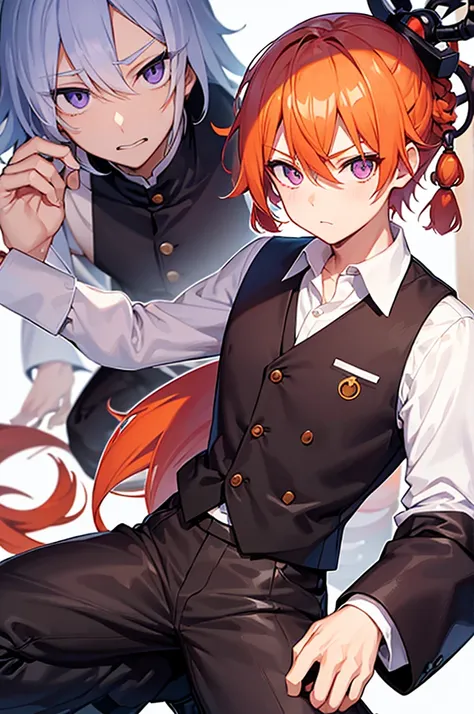 White background、Japan anime illustrations、成人male、アニメのmale、Orange Hair、all back、Black headband、Monocle、Purple Eyes、White shirt、Black vest、Black trousers、Brown leather shoeale、日本のmale、