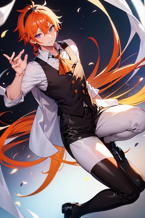 White background、Japan anime illustrations、成人male、アニメのmale、Orange Hair、all back、Black headband、Monocle、Purple Eyes、White shirt、Black vest、Black trousers、Brown leather shoeale、日本のmale、