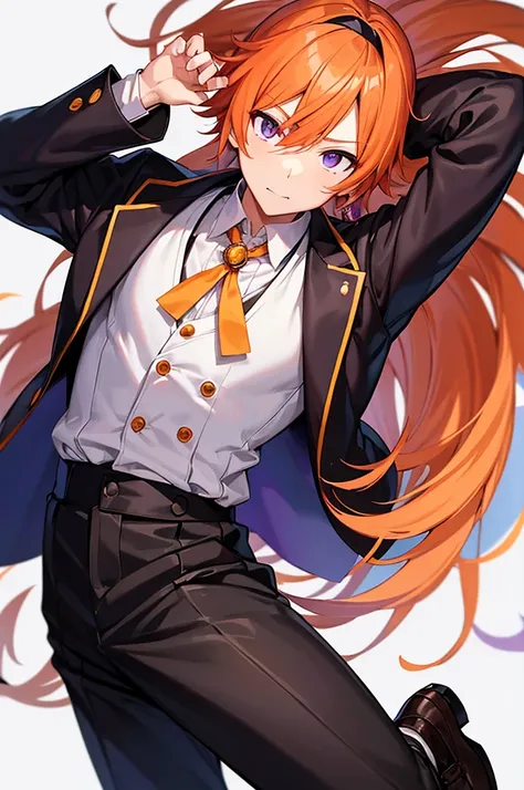 White background、Japan anime illustrations、成人male、アニメのmale、Orange Hair、all back、Black headband、Monocle、Purple Eyes、White shirt、Black vest、Black trousers、Brown leather shoeale、日本のmale、