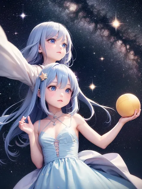 Anime girl, HD, looking up to the sky, is sad, falling stars, longing look, medium length hair, blue golden mixed eyes, wearing ball gown, hand reaching up to the sky