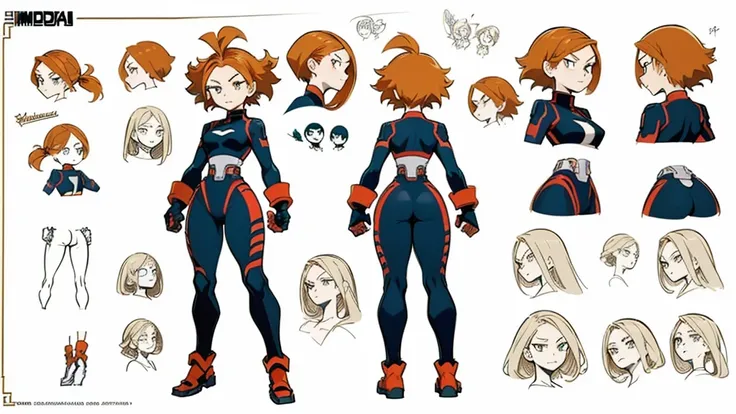 ((My Hero Academia Style)), ((kim possible)), cartoon, bodysuit, armor, ((Sexy armor)), ((perfect anatomy)), ((perfect hands)), ((perfect face)), ((super detailed)), ((full body photography:1.5)), ((High resolution)), ((concept art of character)), ((Charac...