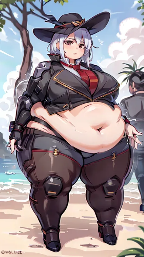 Fat woman, fat belly, beach, sunny day, bikini, 