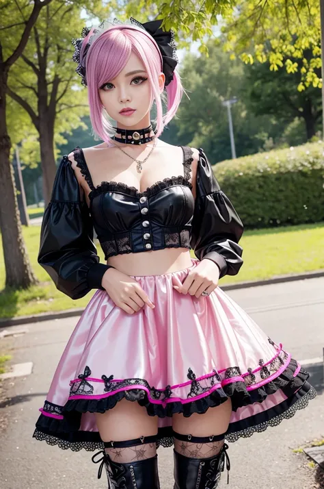 sexy stylish Swedish model, only 1 female, ((doll-like appearance)), short neon pink stylish hair, ((shiny Punk-Style boots)), (beautiful smile), ultra detailed eyes, Punk makeup, lip-gloss, ((sexy Punk Lolita cosplay)), unconventional skirt, petticoats, h...