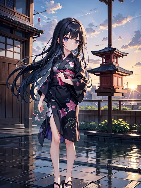 Anime illustration、masterpiece、Highest quality、Summer season、The city after the rain、Cute Girls、Long black hair、Wearing a yukata with a morning glory pattern、Wind chimes are hanging