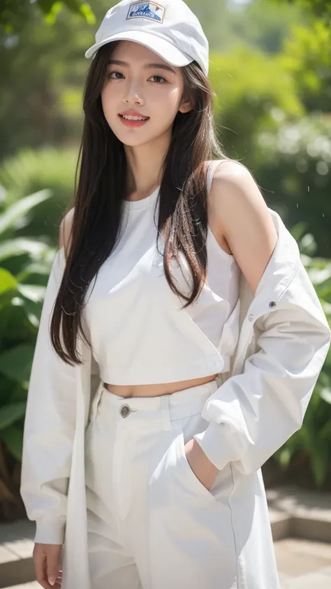 8k, Masterpiece, best quality, realistic, beautiful girl, white crop top, Jeans overalls, white cap, long brown hair, Wet hair, Wet, plastic coat, smile, laugh, half body