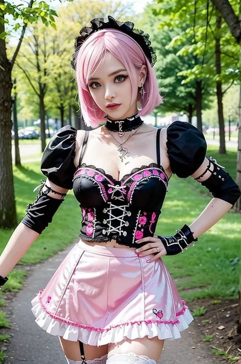 sexy stylish Swedish model, only 1 female, ((doll-like appearance)), short neon pink stylish hair, ((shiny Punk-Style boots)), (beautiful smile), ultra detailed eyes, Punk makeup, lip-gloss, ((sexy Punk Lolita cosplay)), unconventional skirt, petticoats, h...