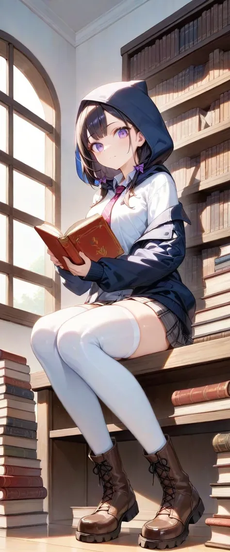 1girl, solo, indoors, black hair, book, book stack, boots, brown footwear, closed mouth, hood, hoodie, looking at viewer, necktie, plaid, plaid skirt, purple eyes, , shirt, sitting, skirt, thighhighs, thighs, white shirt, white thighhighs, masterpiece, bes...