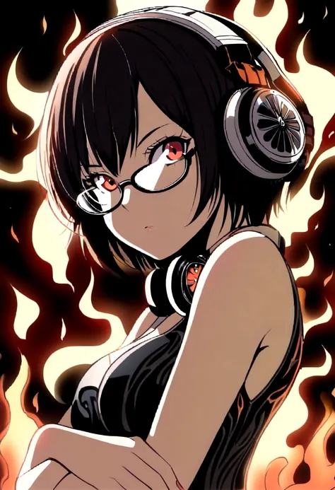 (extremely detailed fine touch:1.3), kabuki art, 1girl solo short hair are on fire, (((under-rimmed glasses:1.3))), (headphones:1.3), medium breasts, bare arms,