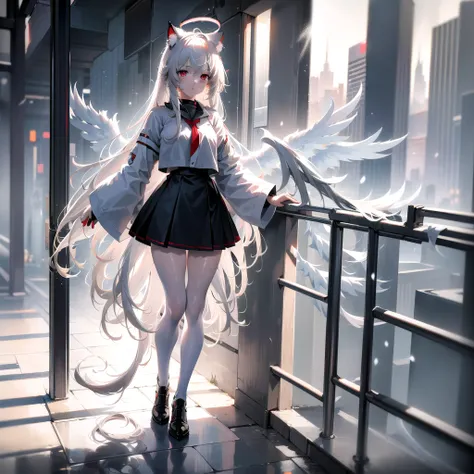 masterpiece, highest quality, highest resolution, clear_image, detailed details, White hair, long hair, cat ears, 1 girl, red eyes, white lab coat (with a black short skirt), gray futuristic halo (gray halo over the head), white wings (6 wings), cute, full...