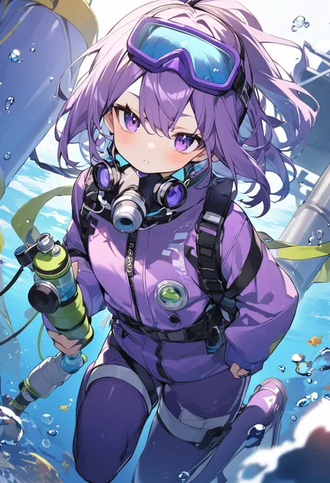 Keito。Purple Eyes。Purple Hair。Diving goggles。Oxygen cylinder。Oxygen mask。Purple diving suit。Diving fins。