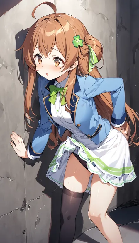 brown eyes,long hair,clover hair ornament,ahoge,blue jacket,white dress, long sleeves,green bow, black thighhighs,sneakers,amamiya mimori,dress lift, panties,indoor,slender legs,flustration,shadow, befind wall,doggystyle sex,boy grabbing hip, penis,hand on...