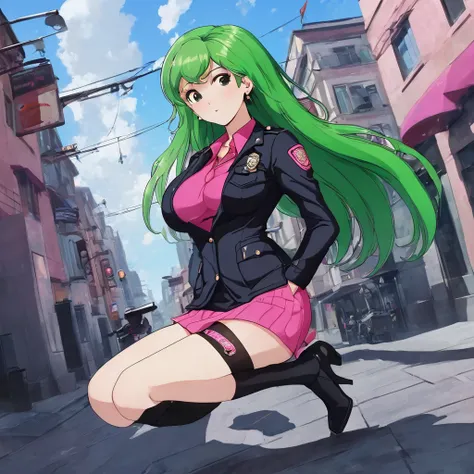 (masterpiece, best quality:1.2), 1 girl, pink police suit with skirt, dark tights and boots, long green hair