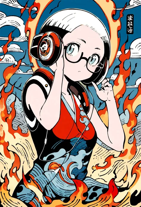 (extremely detailed fine touch:1.3), ukiyoe art, kabuki style, 1girl solo short hair are on fire, (((under-rimmed glasses:1.3))), (headphones:1.3), medium breasts, bare arms,