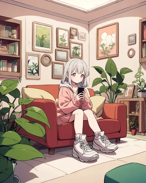 "A young girl with light gray hair sits on a couch in a cozy living room, holding a smartphone. She is wearing a white and red oversized jacket and white sneakers. The room is filled with various green plants and has a warm, inviting atmosphere. A can of s...