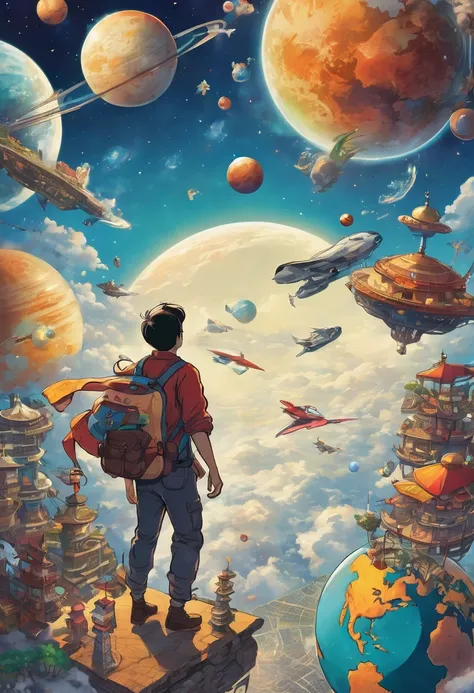 A man flies through the sky，Surrounded by a planet，A variety of goods surround it。The man holds the map，s illustration。