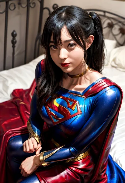 araffe woman in a superman costume sitting on a bed with a dog, full-cosplay, professional cosplay, supergirl, artgerm moody pho...