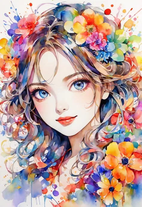 beautiful woman portrait, cute smile, sylvia pelissero watercolors, colorful flowers, beautiful eyes,  upper body, abstract art,...