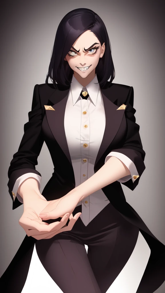 drawing of a woman with a tie and jacket, villain pose, distorted posture, dramatic grin pose, Cool pose, I strike an elegant pose above you, angry pose, desperate pose, intimidating pose, threatening pose, Steven Universe style, creepy pose, Strange expre...