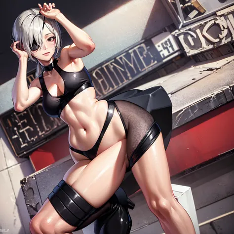 (masterpiece, Best quality:1.2), One, 1 girl, Quanxi, happy face, open mouth, Looking at the viewer, hands on head, armpits exposed, ponytail, eyepatch, black tank top, black trousers, large breasts, broad shoulders, long torso, long body, long neck, long ...