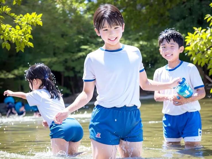 In the forest、Swimming in the river、１０Year old boy、My whole body is wet、Boy in gym clothes、The bottom of the white T-shirt is blue、Blue shorts、Japanese、（Boy 1.4）、Elementary school field trip、Boys having fun and making a fuss、Splattering water splashes