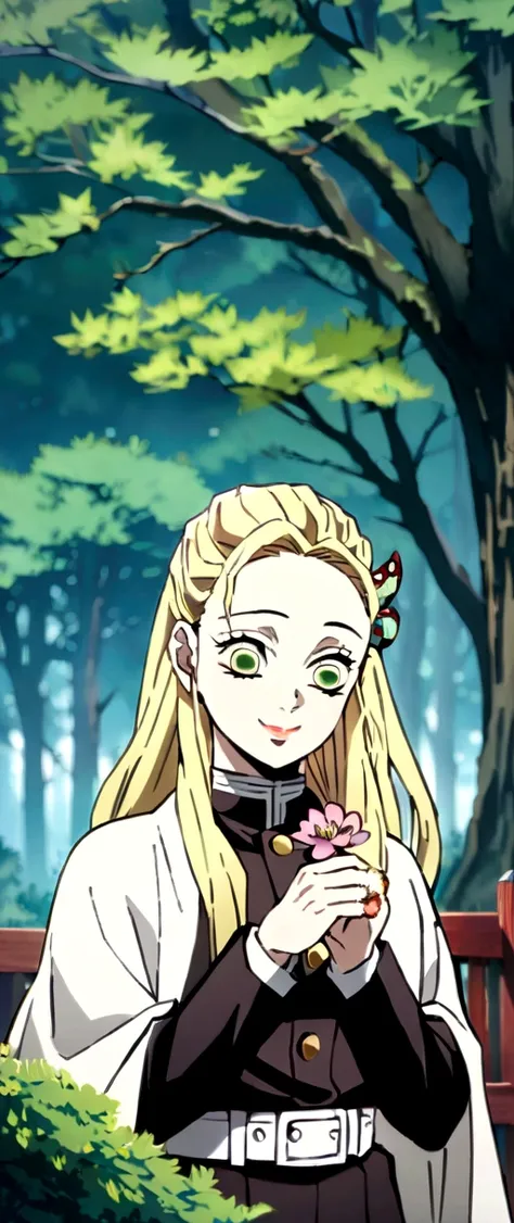 kimetsu no yaiba style, 1girl, long hair ornament, hair ornament, flowers, bug, demon slayer uniform, solo, green eyes, flowers on hand, smile, blonde hair, white cape, cape, outdoors, bangs, tree, fence, anime coloring,  ((masterpiece)) 