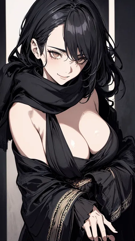 Highest quality, (Background details), High Contrast, Very beautiful woman, Detailed original illustrations, functional, Delicate face, Black Hair、Ninja, Ninja costume, scarf, Face covered with a hand towel, Charm, Bad boy, sexy, Real breasts, Crazy Smile,...