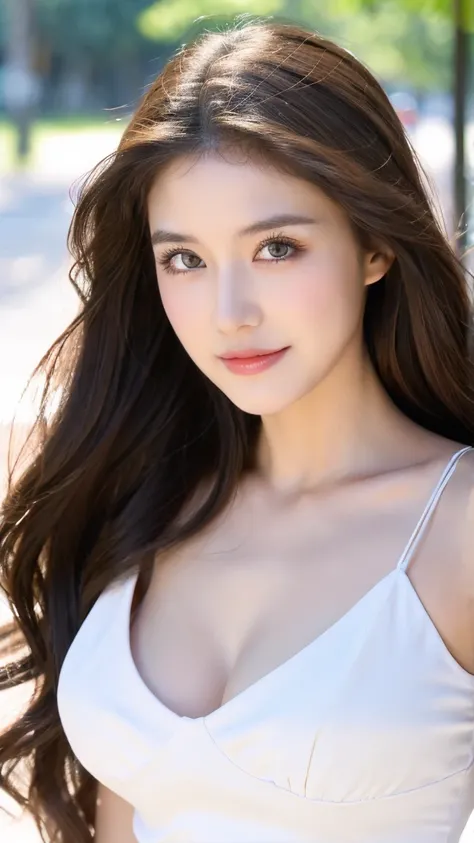 ((Highest quality, 8K, masterpiece:1.3))，One girl，18-year-old，Asian，Oriental、Realistic texture:1.3，(Background Blur:1.1)，Dress up，tall and slender figure:1.2，(Hot summer weather)，（street:1.3），Highly detailed face and skin texture，Beautiful Eyes，Long eyelas...