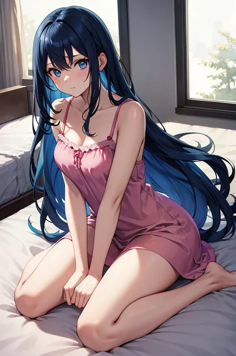 (masterpiece:1.3), (best quality:1.1), (8k, ultra detailed, ultra high res:1.2), ((anime style)), perfect 5 fingers, perfect anatomy, 
1girl,
BREAK long hair, blue hair, blue eyes, 
[medium breasts], 
BREAK Satin Nightgown, pink pajamas, 
looking at viewer...