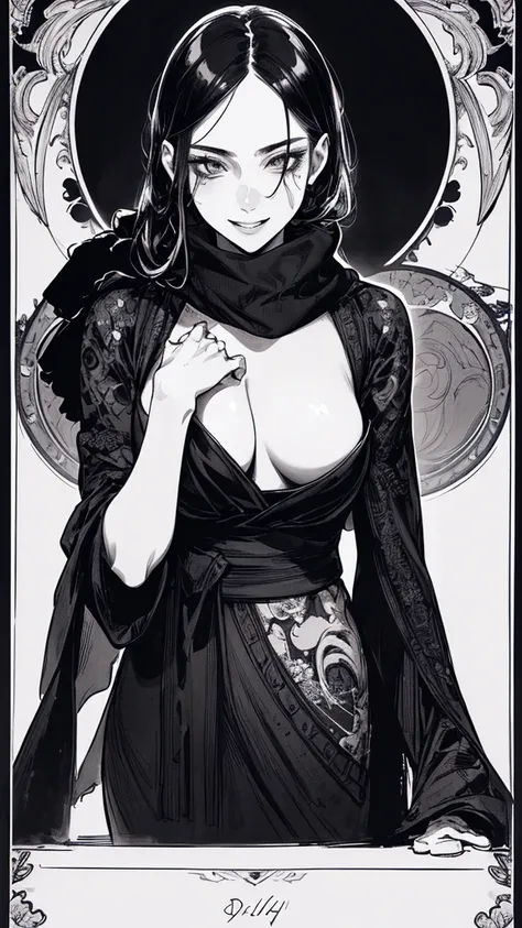 Highest quality, (Background details), High Contrast, Very beautiful woman, Detailed original illustrations, functional, Delicate face, Black Hair、Ninja, Ninja costume, scarf, Face covered with a hand towel, Charm, Bad boy, sexy, Real breasts, Crazy Smile,...