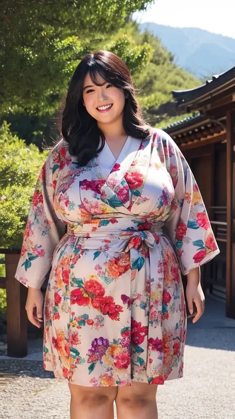 realistic depiction、super obeseのjapanese woman、super obese、super big breasts、Weight 300kg、very fat woman、Fat woman 、japanese woman、laughter、outdoor、a bit、little woman、His height is only 145cm、22 years old