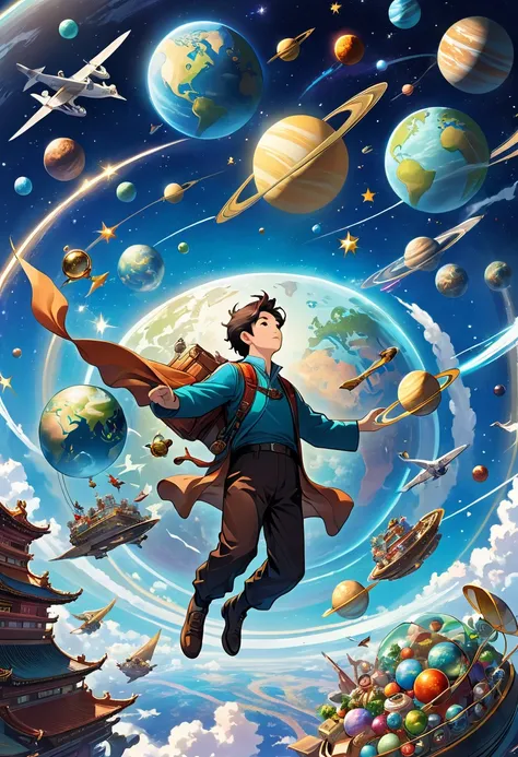 A man flies through the sky，Surrounded by a planet，A variety of goods surround it。The man holds the map，s illustration。