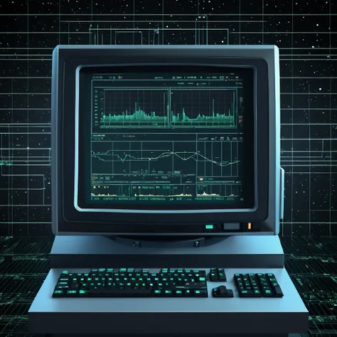 fake sci-fi computer terminal illustration with charts, some text and simple colors, front-view, illustration