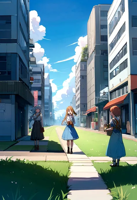 ジブリWind、Cute Girls、Wind、Streetscape、skyscraper、grassland、blue sky