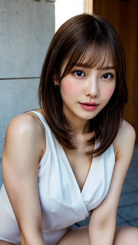 1 female, close up of face, Medium chest, light brown hair, dull bangs, hair behind the ear, shoulder hair, long hair, slender body shape, Extra-fine face, thin face, delicate lips, beautiful eyes, light blush, eyes are light brown, perfect shiny skin, per...