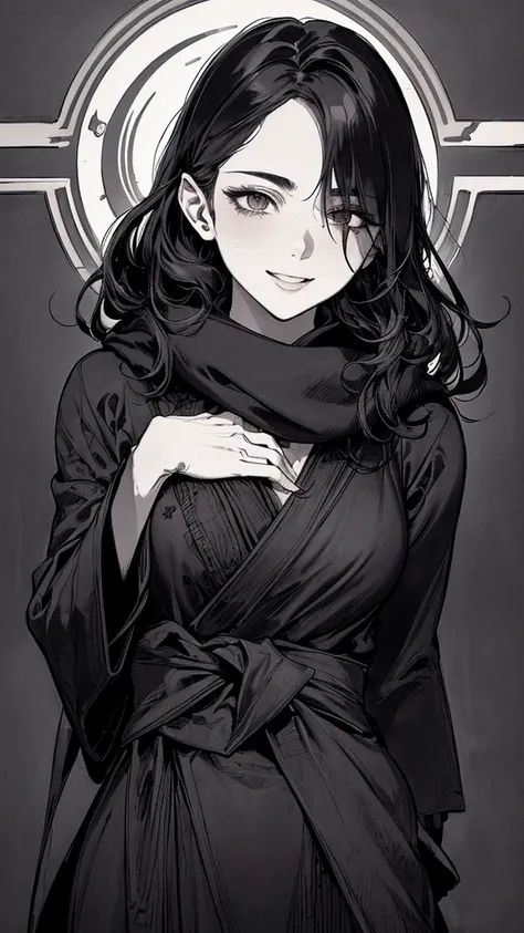 Highest quality, (Background details), High Contrast, Very beautiful woman, Detailed original illustrations, functional, Delicate face, Black Hair、Ninja, Ninja costume, scarf, Face covered with a hand towel, Charm, Bad boy, sexy, Real breasts, Crazy Smile,...