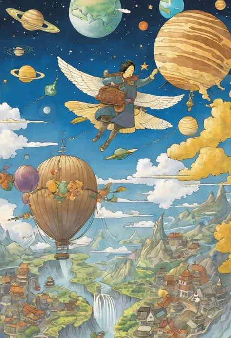 A man flies through the sky，Surrounded by a planet，A variety of goods surround it。The man holds the map，s illustration。