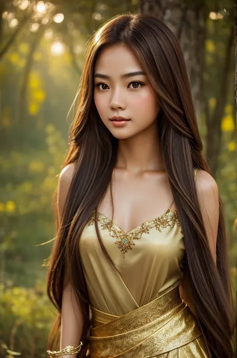 Generate an image of a beautiful half-Thai, half-Chinese woman with the following features:
- Fair skin tone
- Long brown hair 
- Brown eyes
- Appear as if she is from a fairy tale

```
The image should be a portrait-style composition showcasing the charac...