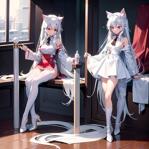 masterpiece, highest quality, highest resolution, clear_image, detailed details, White hair, long hair, cat ears, 1 girl, red eyes, white lab coat, white pantyhose, white scarf (around the neck), cute, full body, no water marks