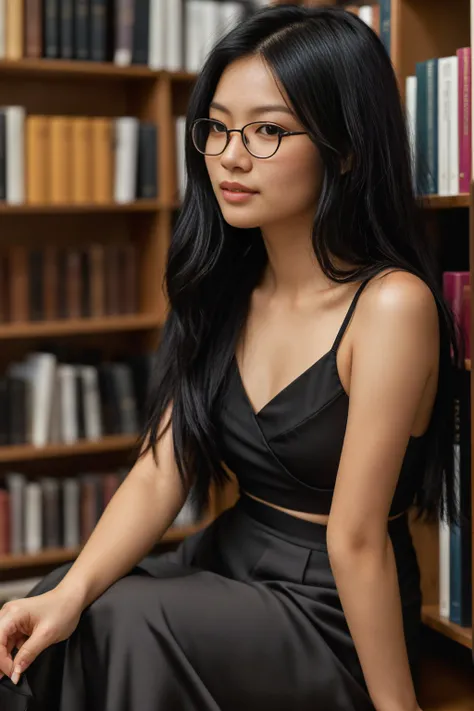 arafed woman with long black hair with deep purple high lights in a library, thin glasses, flowing black hair, with black hair, photo of a beautiful woman, long flowing black hair, pink golden hour, curly black hair, beautiful young asian woman, beautiful ...