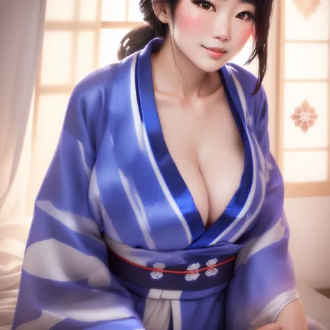 araffe asian woman In kimono sitting on a bed, In kimono, Japanese goddess, In kimono, Wearing a blue robe, Wearing a blue robe, wear Kimono, wearing a simple robe, wearing a simple robe, elegant Japanese woman, wear Kimono, Japanese model, In a robe, 皇室のw...