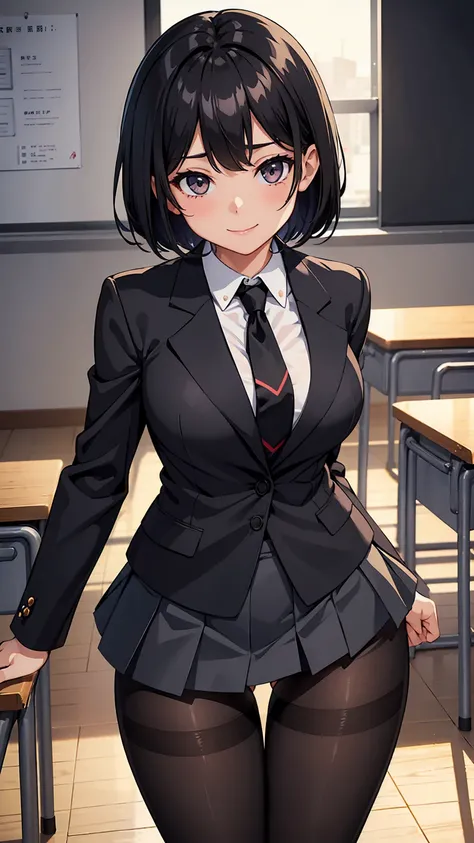 One Girl, Five Fingers, mini skirt, Looking down at the viewer, Black Hairロングヘアー, Highest quality, Focus on the thighs, Dynamic pose, smile, blazer, blouse, Black Pantyhose, panties under pantyhose, Standing Split, classroom, Black Hair, Stylish pose,My th...