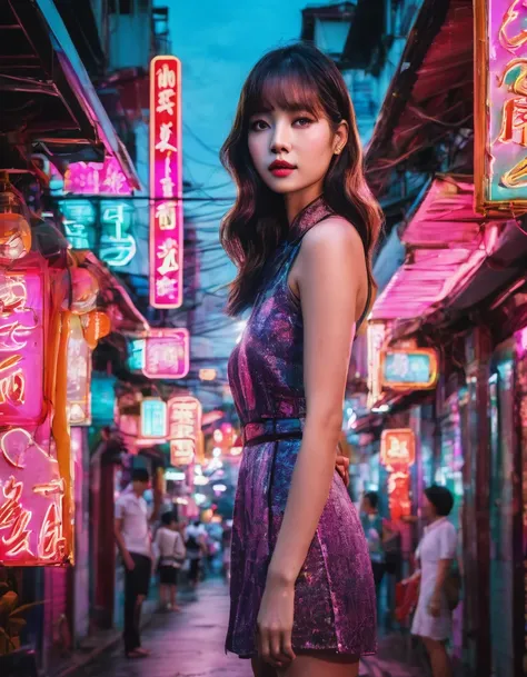 a beautiful young woman, lisa, standing in the middle of yaowarach street in bangkoks china town, surrounded by neon lights and contrast, spotlight on her only, no other people, intricate details, hyper realistic, photo-realistic, masterpiece, 8k, high qua...